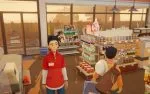 A screenshot from inKONBINI- One Store. Many Stories in a review about the game, showing Makoto in the store as the sun rises.