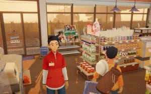 A screenshot from inKONBINI- One Store. Many Stories in a review about the game, showing Makoto in the store as the sun rises.