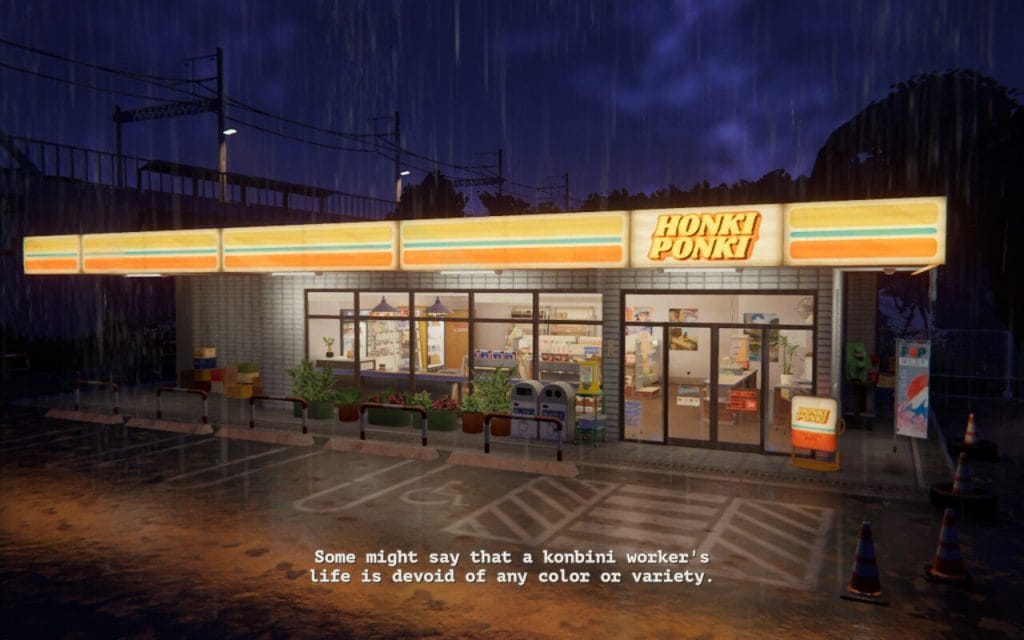A screenshot from inKONBINI: One Store. Many Stories in a review about the game, showing the outside of the Honki Ponki convenience store. 