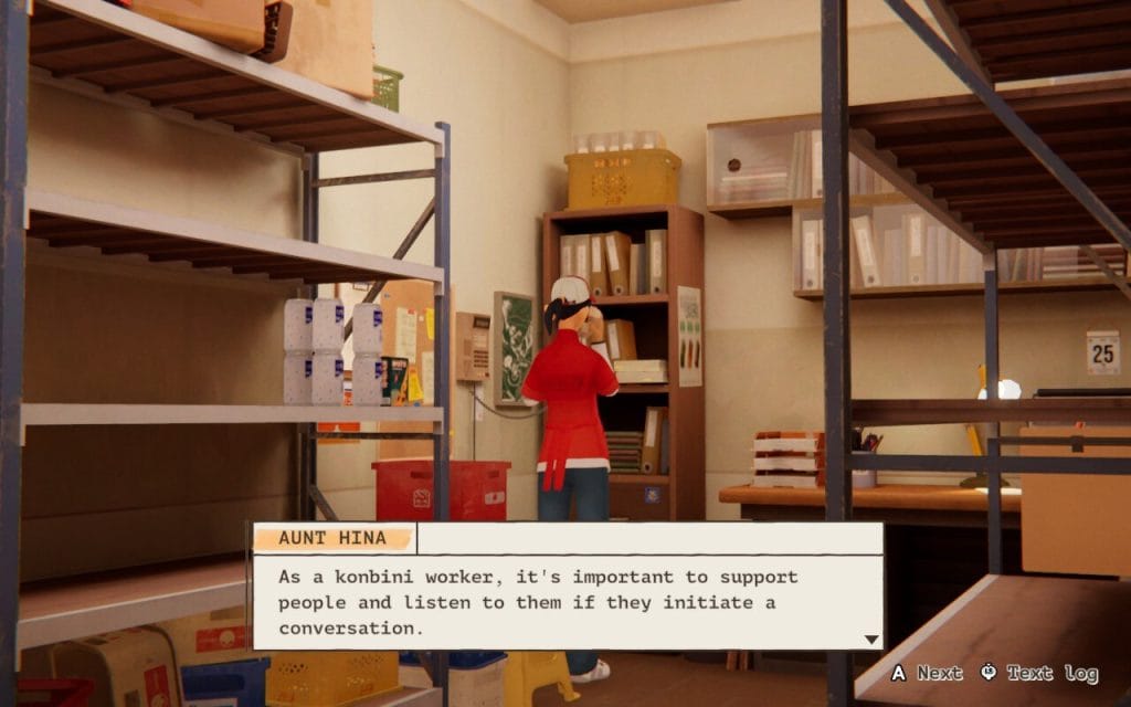A screenshot from inKONBINI- One Store. Many Stories in a review about the game, showing Makoto talking to Aunt Hina on the phone. Aunt Hina says, "As a konbini worker, it's important to support people and listen to them if they initiate a conversation." 