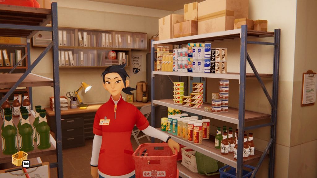 A screenshot from inKONBINI- One Store. Many Stories in a review about the game, showing Makoto in the back storage room. 