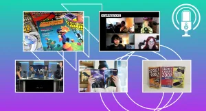 A cover image for The Punished Podcast showing photos of video game journalists, such as Nathan Grayson and Gita Jackson from Aftermath with Maddy Myers and Zoe Hannah from Mothership, and photos of vintage video game magazines