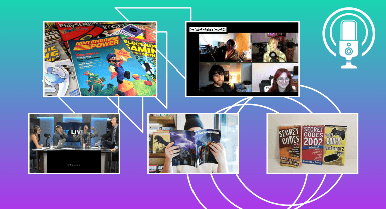 A cover image for The Punished Podcast showing photos of video game journalists, such as Nathan Grayson and Gita Jackson from Aftermath with Maddy Myers and Zoe Hannah from Mothership, and photos of vintage video game magazines