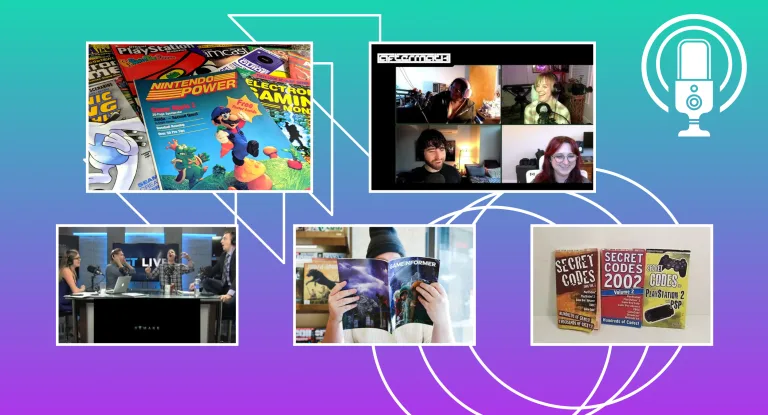 A cover image for The Punished Podcast showing photos of video game journalists, such as Nathan Grayson and Gita Jackson from Aftermath with Maddy Myers and Zoe Hannah from Mothership, and photos of vintage video game magazines