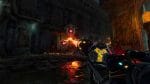 Abyssus - shooting an elite enemy with a plasma gun in a dark, damp room