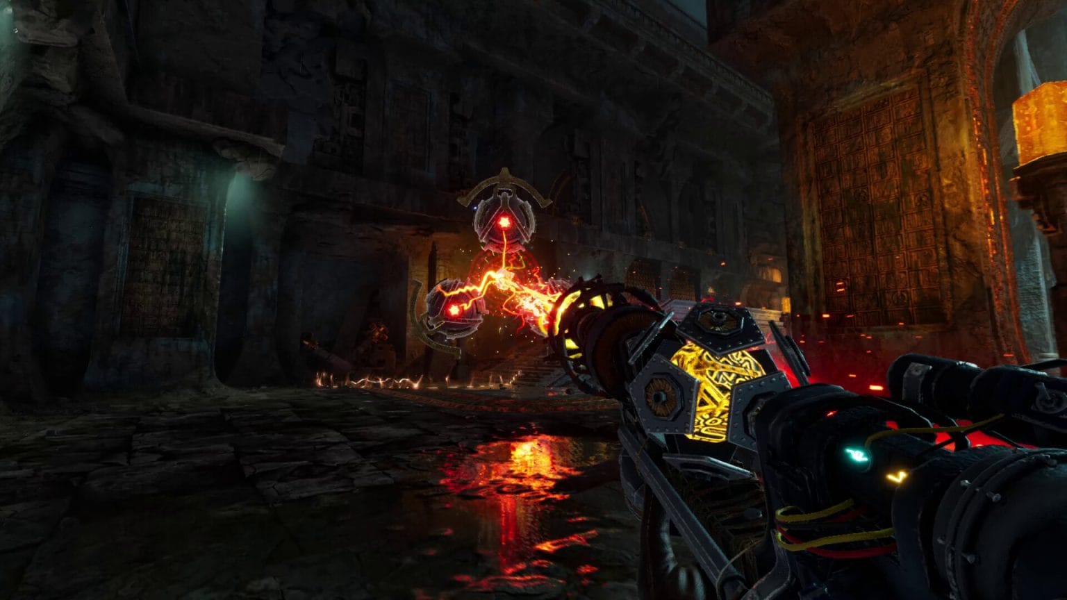 Abyssus Review: Briny and Shiny Abyssus - shooting an elite enemy with a plasma gun in a dark, damp room