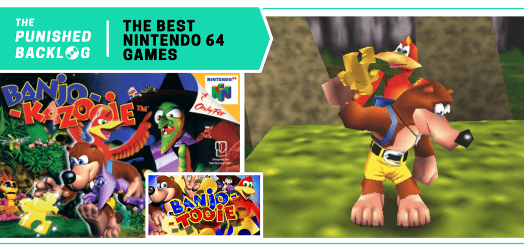 In a list for The Best Nintendo 64 Games of all time at The Punished Backlog (text on a teal background), the cover art for Banjo-Kazooie and Banjo-Tooie and a gameplay screenshot showing the main characters.