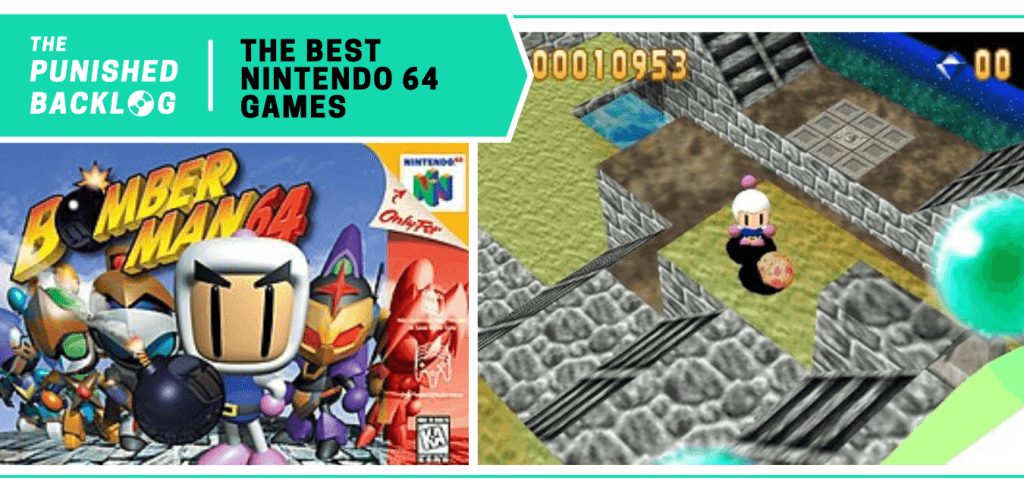 In a list for The Best Nintendo 64 Games of all time at The Punished Backlog (text on a teal background), the cover art for Bomberman 64 and a gameplay screenshot showing Bomber with an egg on a stone wall.