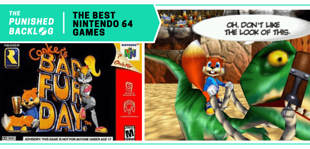 In a list for The Best Nintendo 64 Games of all time at The Punished Backlog (text on a teal background), the cover art for Conker's Bad Fur Day and a gameplay screenshot showing Conker saying, "Oh, I don't like the look of this."