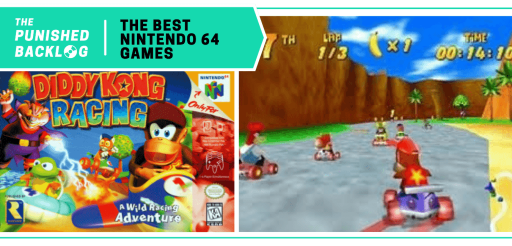 In a list for The Best Nintendo 64 Games of all time at The Punished Backlog (text on a teal background), the cover art for Diddy Kong Racing and a gameplay screenshot showing a car race with bananas.