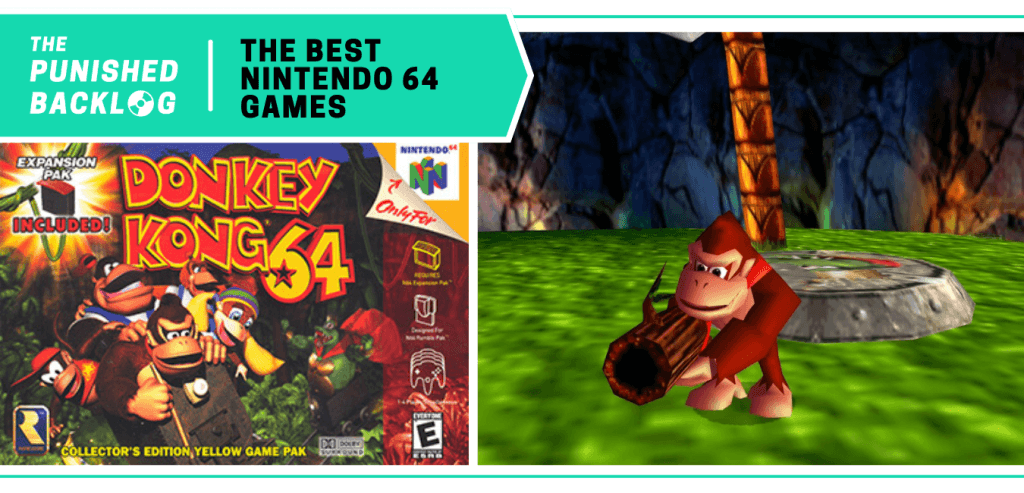 In a list for The Best Nintendo 64 Games of all time at The Punished Backlog (text on a teal background), the cover art for Donkey Kong 64 and a gameplay screenshot showing DK with a log gun.