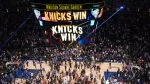 Shot of jumbotron saying "Knicks Win!" after Game 4 of the NBA Finals at Madison Square Garden