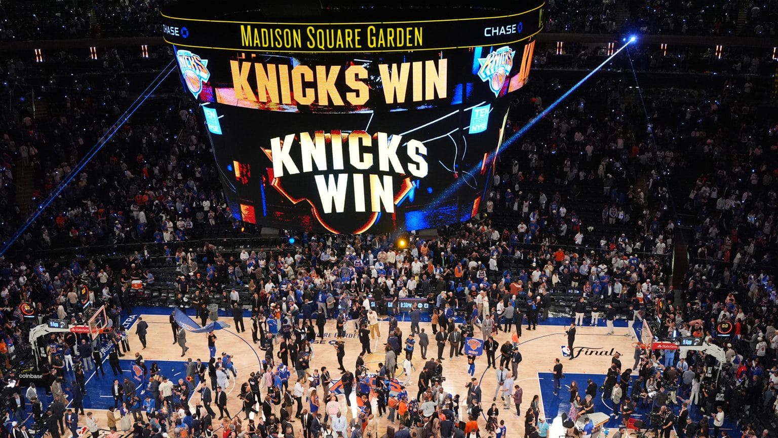 The Knicks Made Me Believe Again Shot of jumbotron saying "Knicks Win!" after Game 4 of the NBA Finals at Madison Square Garden
