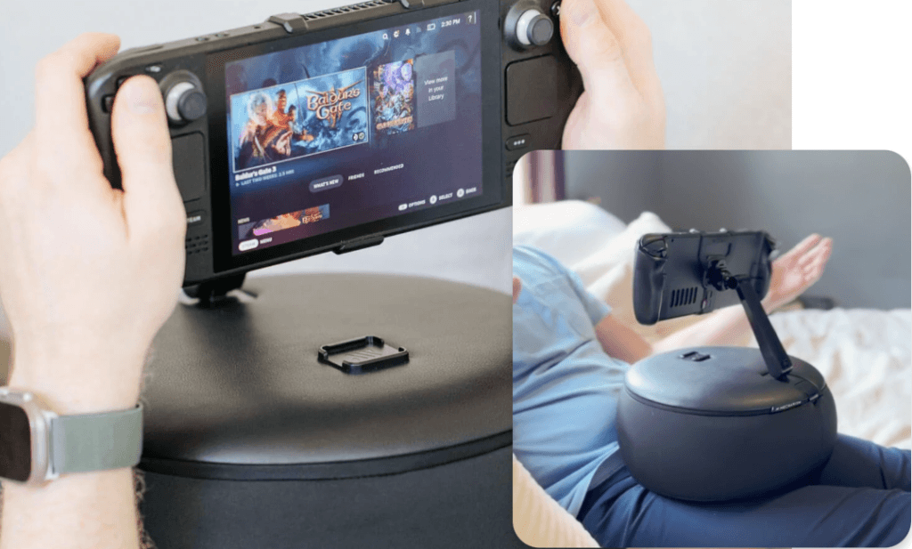 Promotional images of the Mechanism Gaming Pillow showing a man with the pillow on his lap. 