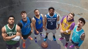 NBA The Run - promo screenshot showing Giannis, Cooper Flagg, Steph Curry, Ant Edwards, Luka, and LaMelo Ball (from left to right)