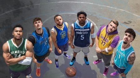 NBA The Run - promo screenshot showing Giannis, Cooper Flagg, Steph Curry, Ant Edwards, Luka, and LaMelo Ball (from left to right)