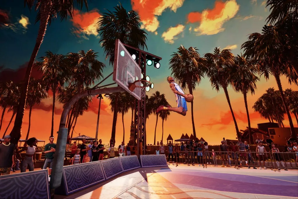 NBA The Run Review - dunking the ball at sunset