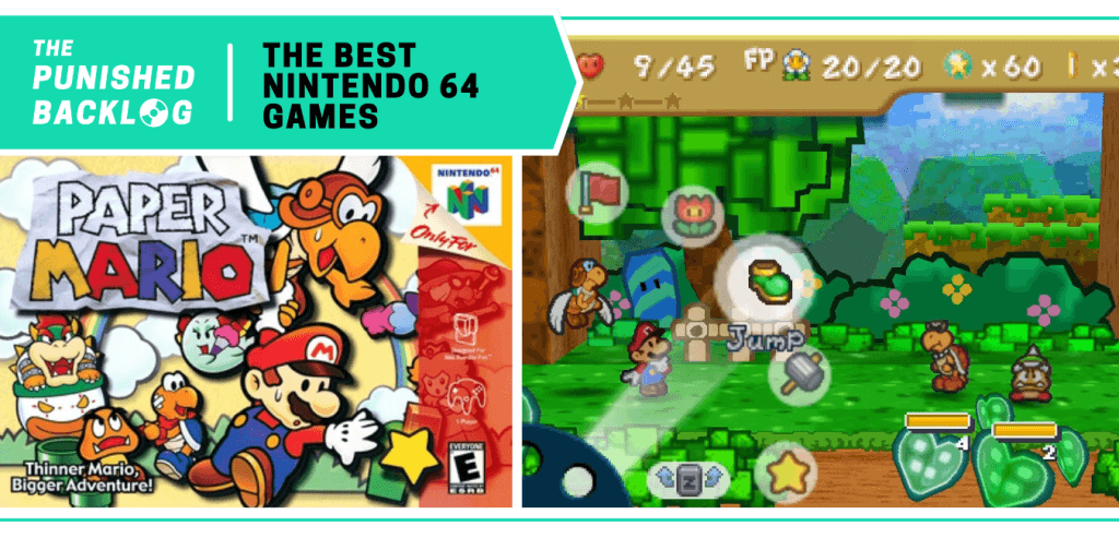 In a list for The Best Nintendo 64 Games of all time at The Punished Backlog (text on a teal background), the cover art for Paper Mario and a gameplay screenshot of Mario jumping over Goombas.