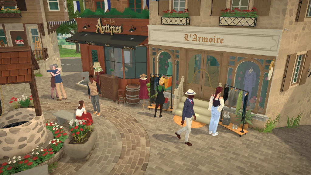 A screenshot of Paralives, featured in a Paralives Early Access Review/Preview, shows the town square with multiple characters walking around. 