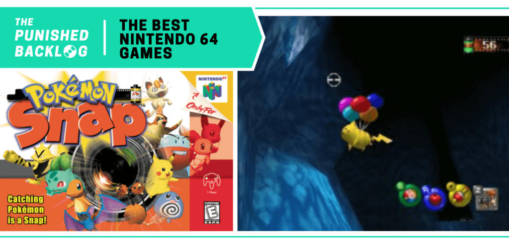 In a list for The Best Nintendo 64 Games of all time at The Punished Backlog (text on a teal background), the cover art for Pokémon Snap and a gameplay screenshot of Pikachu flying with balloons.