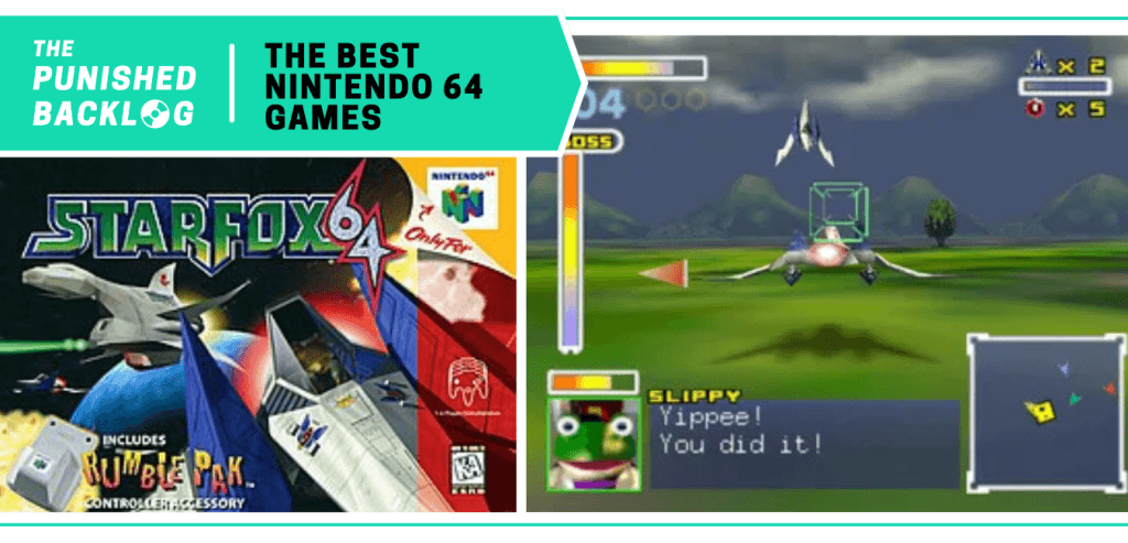 In a list for The Best Nintendo 64 Games of all time at The Punished Backlog (text on a teal background), the cover art for Star Fox 64 and a gameplay screenshot of a spaceship aiming guns with Slippy saying, "Yippee! You did it!"