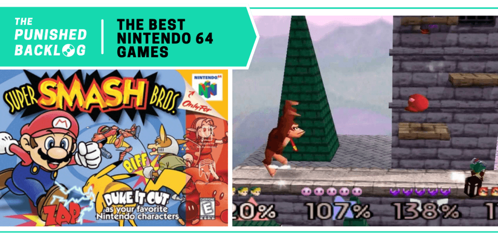 In a list for The Best Nintendo 64 Games of all time at The Punished Backlog (text on a teal background), the cover art for Super Smash Bros. Snap and a gameplay screenshot of DK fighting Mario's hat and Link.