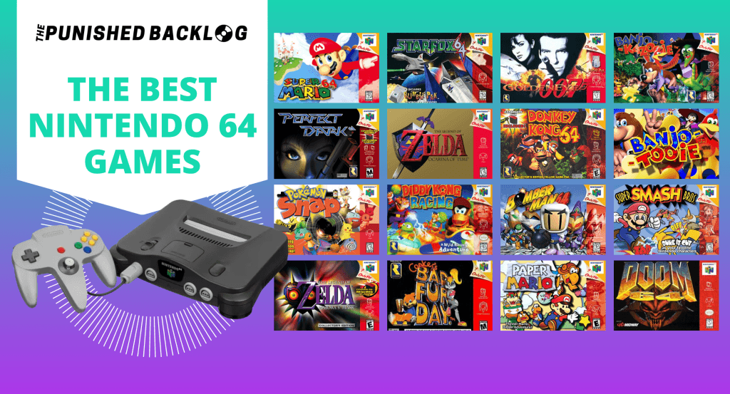 Text reads: The Best Nintendo 64 Games in a list at The Punished Backlog with an image of the N64 device and the game box art covers of Banjo-Kazooie and Banjo-Tooie, Bomberman 64, Conker’s Bad Fur Day, Diddy Kong Racing, Donkey Kong 64, DOOM 64, GoldenEye 007, The Legend of Zelda: Majora’s Mask, The Legend of Zelda: Ocarina of Time, Paper Mario, Perfect Dark, Pokémon Snap, Star Fox 64, Super Mario 64, and Super Smash Bros.