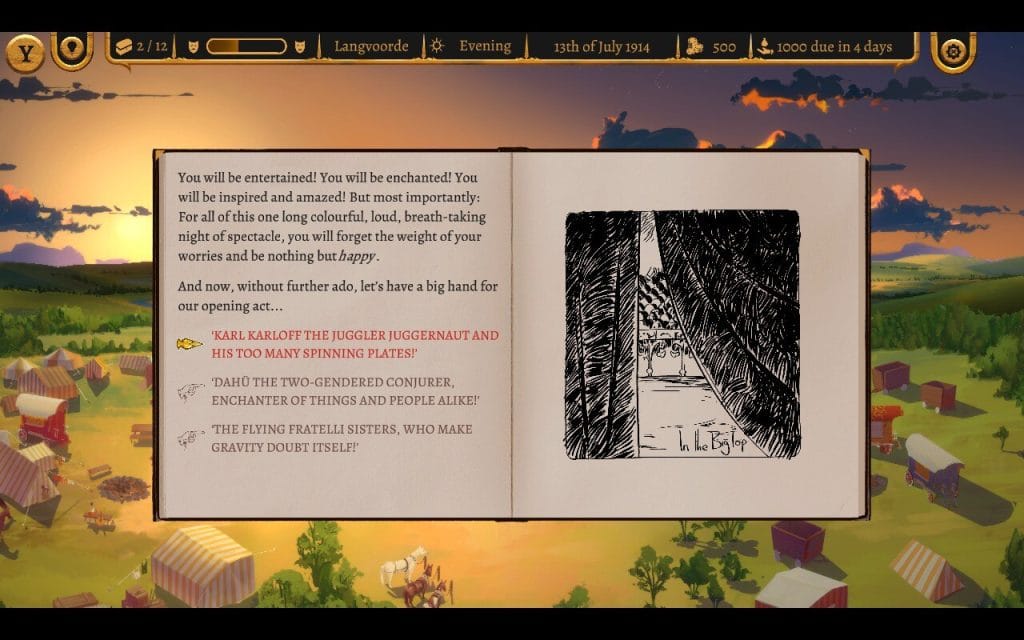 A screenshot from the demo for The Great Sassanelli - An Interactive Novel showing book open in front of a comic with options to choose between different circus performers. Played demo during Steam Next Fest.
