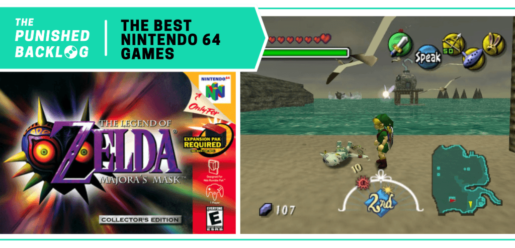 In a list for The Best Nintendo 64 Games of all time at The Punished Backlog (text on a teal background), the cover art for The Legend of Zelda: Majora's Mask and a gameplay screenshot of Link standing on a beach looking at a creature.