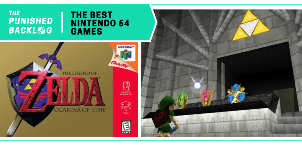 In a list for The Best Nintendo 64 Games of all time at The Punished Backlog (text on a teal background), the cover art for The Legend of Zelda: Ocarina of Time and a gameplay screenshot of Link in the Temple of Time.