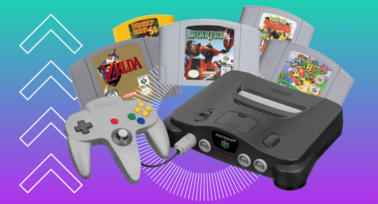 The 16 Best Nintendo 64 Games of All Time A graphic with a teal and purple background for a list for the best Nintendo 64 Games of All Time at the Punished Backlog, showing the console with five retro gaming cartridges. The list includes: Banjo-Kazooie and Banjo-Tooie, Bomberman 64, Conker’s Bad Fur Day, Diddy Kong Racing, Donkey Kong 64, DOOM 64, GoldenEye 007, The Legend of Zelda: Majora’s Mask, The Legend of Zelda: Ocarina of Time, Paper Mario, Perfect Dark, Pokémon Snap, Star Fox 64, Super Mario 64, and Super Smash Bros.