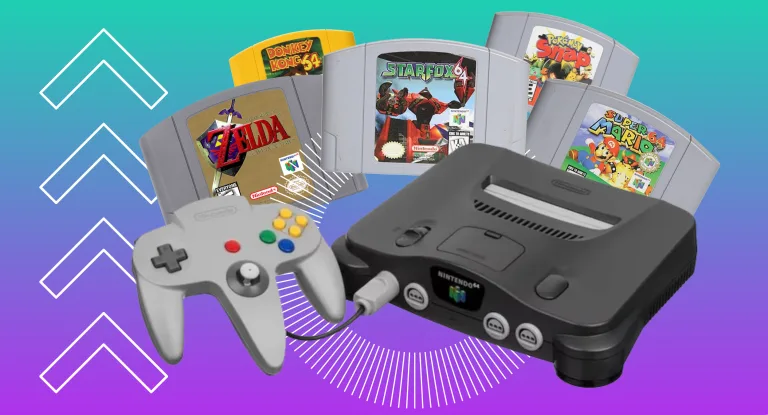 A graphic with a teal and purple background for a list for the best Nintendo 64 Games of All Time at the Punished Backlog, showing the console with five retro gaming cartridges. The list includes: Banjo-Kazooie and Banjo-Tooie, Bomberman 64, Conker’s Bad Fur Day, Diddy Kong Racing, Donkey Kong 64, DOOM 64, GoldenEye 007, The Legend of Zelda: Majora’s Mask, The Legend of Zelda: Ocarina of Time, Paper Mario, Perfect Dark, Pokémon Snap, Star Fox 64, Super Mario 64, and Super Smash Bros.