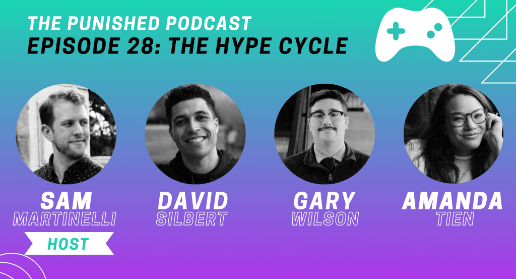 A graphic showing a diverse group of video game journalists on a video game podcast called The Punished Podcast with their headshots and names: Sam Martinelli (host), David Silbert, Gary Wilson, and Amanda Tien. 
