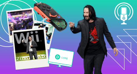 A graphic for a video game podcast called The Punished Podcast and an episode on the Video Game Hype Cycle. Photos from E3, the Switch 2 Nintendo Direct, and Keanu Reeves from E3 2019 are on top of a teal to purple background.