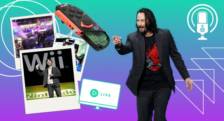 A graphic for a video game podcast called The Punished Podcast and an episode on the Video Game Hype Cycle. Photos from E3, the Switch 2 Nintendo Direct, and Keanu Reeves from E3 2019 are on top of a teal to purple background.