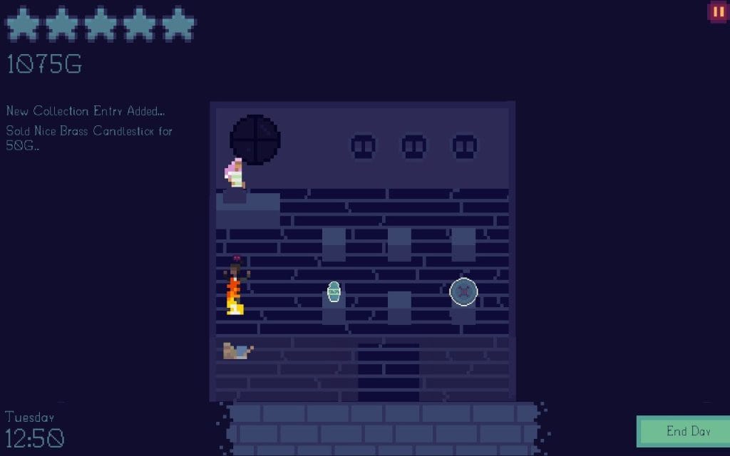 A screenshot from the demo for Curio Shop showing a 32-bit style spooky shop, developed and published by Sprout Coo. Played demo during Steam Next Fest.