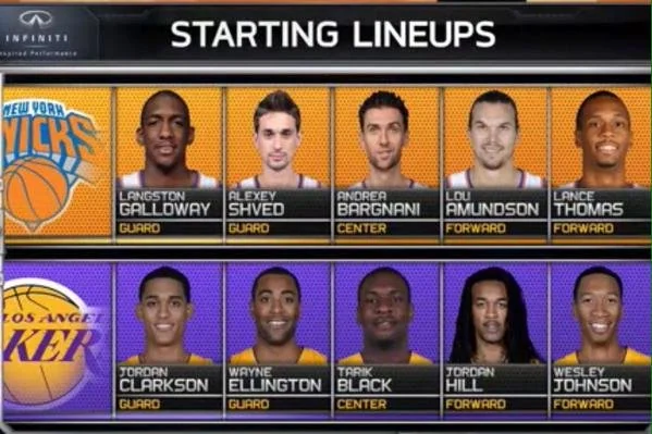 The New York Knicks starting line-up in 2015: Langston Galloway, Alexey Shved, Andrea Bargnani, Lou Amundson, Lance Thomas. Shown v3ersus the Los Angeles Lakers, including Jordan Clarkson.