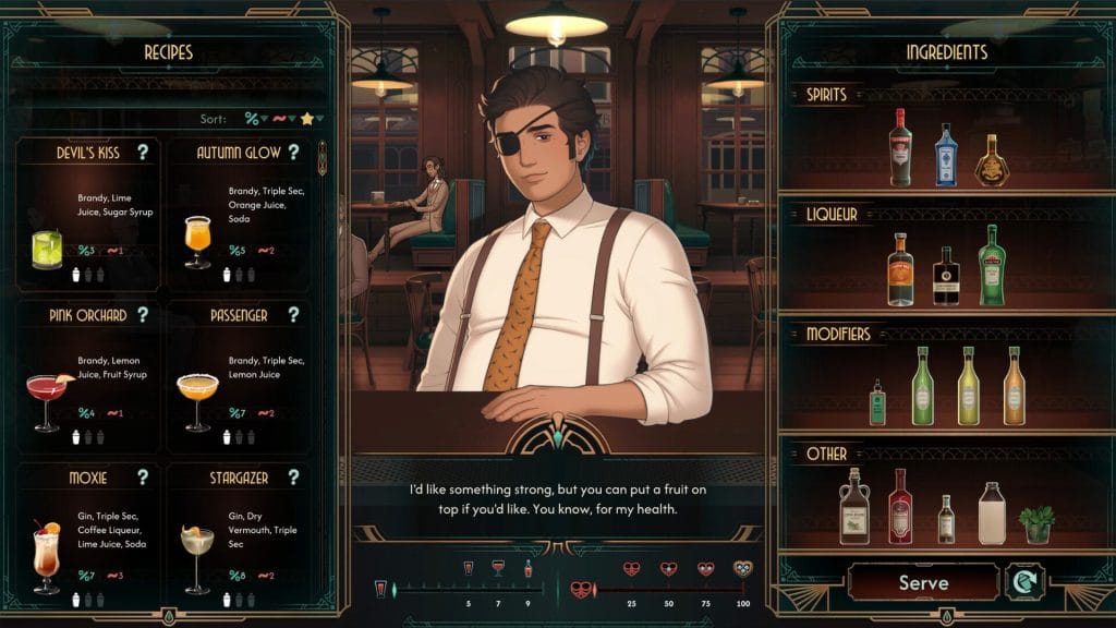 A screenshot from the demo for Last Night, Last Call, showing a visual novel game of a man requesting a drink and players choose which cocktail to serve. Played demo during Steam Next Fest.
