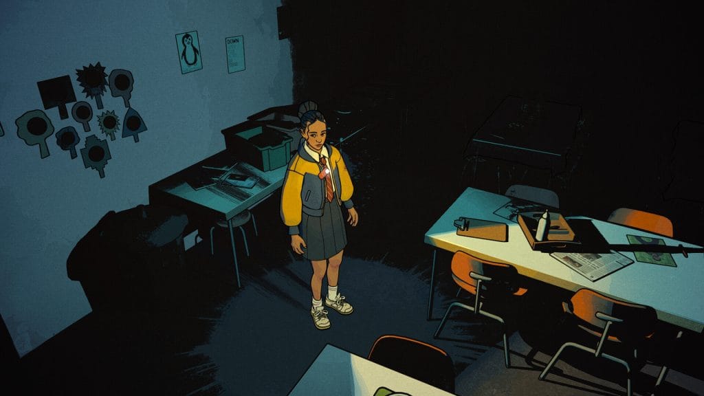 A screenshot from the demo for Lost in Art by Stone Hippo, showing a young woman in a dark art gallery. Played demo during Steam Next Fest.