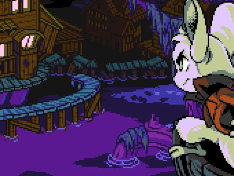 Mina the Hollower - cutscene screenshot of Mina gazing from a distance at a large house in a purple-water swamp