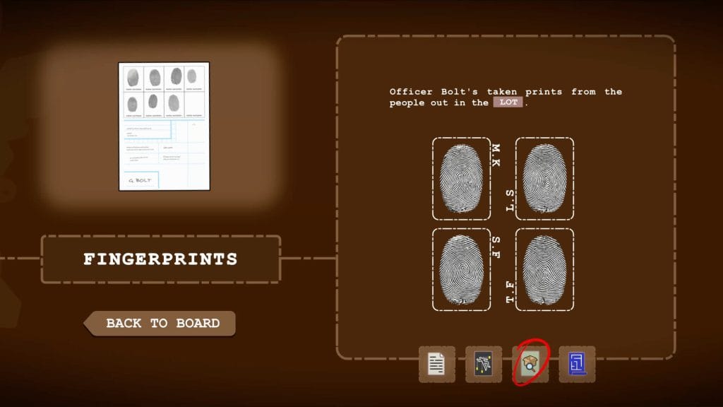 A screenshot from Mini Murder Mysteries, a new indie video game by BUNKWORKS, showing a set of fingerprint evidence.