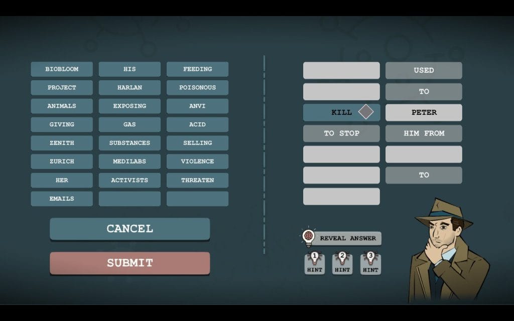 A screenshot from Mini Murder Mysteries, a new indie video game by BUNKWORKS, showing a set of mix-and-match answers to a puzzle.