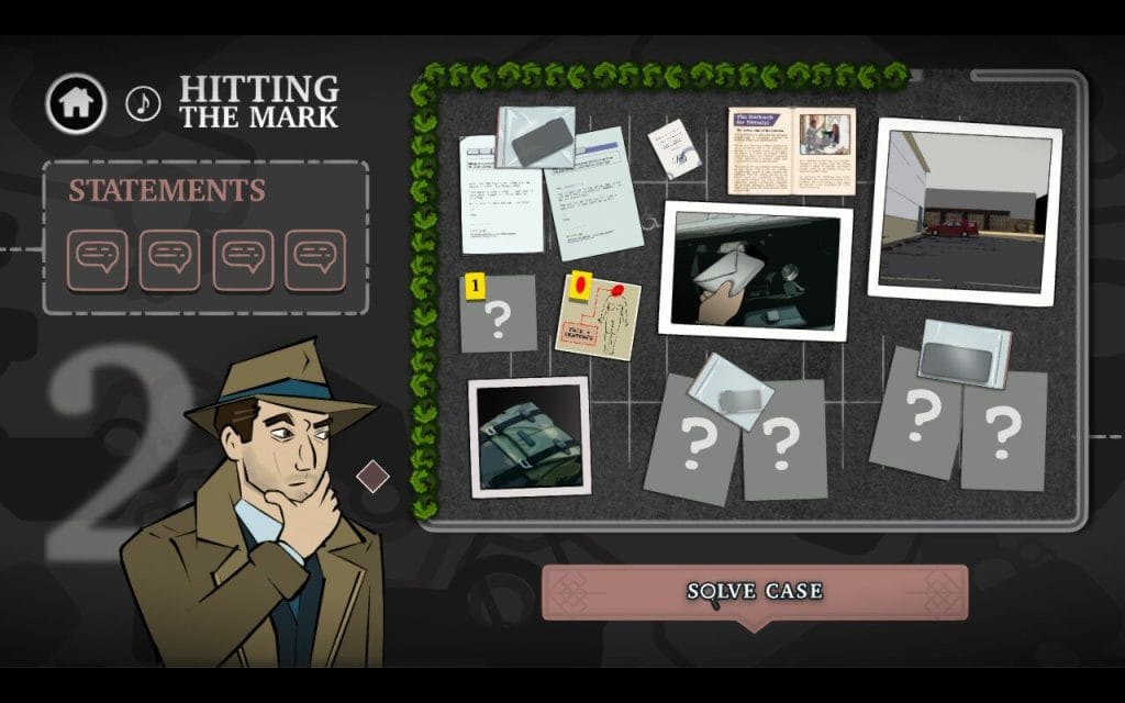 Mini Murder Mysteries Review: A Whodunit Appetizer A screenshot from Mini Murder Mysteries, a new indie video game by BUNKWORKS, showing a detective looking at a case board with pinned up evidence for the case HITTING THE MARK.