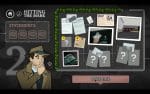 A screenshot from Mini Murder Mysteries, a new indie video game by BUNKWORKS, showing a detective looking at a case board with pinned up evidence for the case HITTING THE MARK.