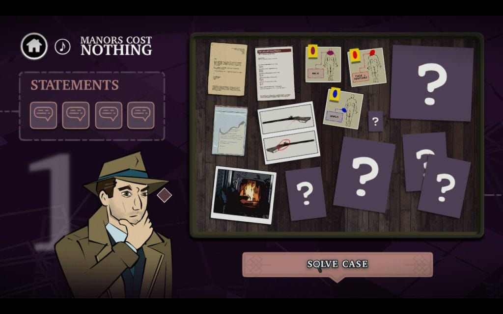 A screenshot from Mini Murder Mysteries, a new indie video game by BUNKWORKS, showing a detective looking at a case board with pinned up evidence.