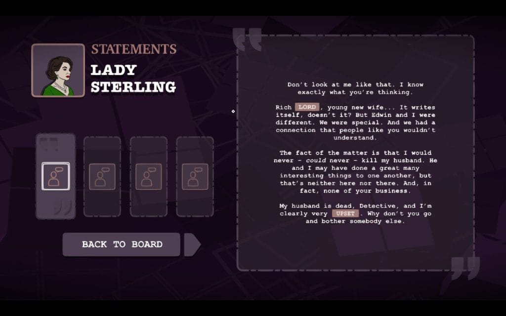 A screenshot from Mini Murder Mysteries, a new indie video game by BUNKWORKS, showing an interview with suspect Lady Sterling who claims she didn't kill her husband.