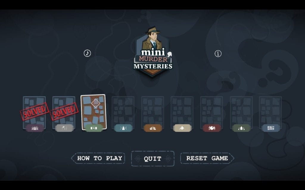 A screenshot from Mini Murder Mysteries, a new indie video game by BUNKWORKS, showing the case select screen with different pinboards, some marked "solved!"