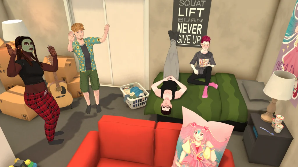 A screenshot of Paralives, featured in a Paralives Early Access Review/Preview, shows a group of friends hanging out with an inspirational poster in the background. 