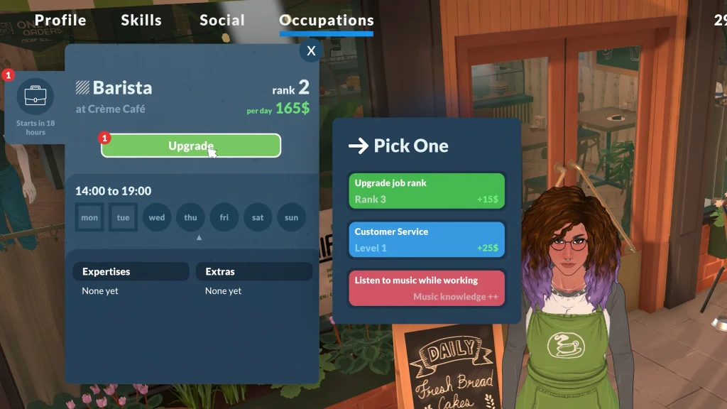 A screenshot of Paralives, featured in a Paralives Early Access Review/Preview, shows a Para at work choosing how to invest in work as a barista. 