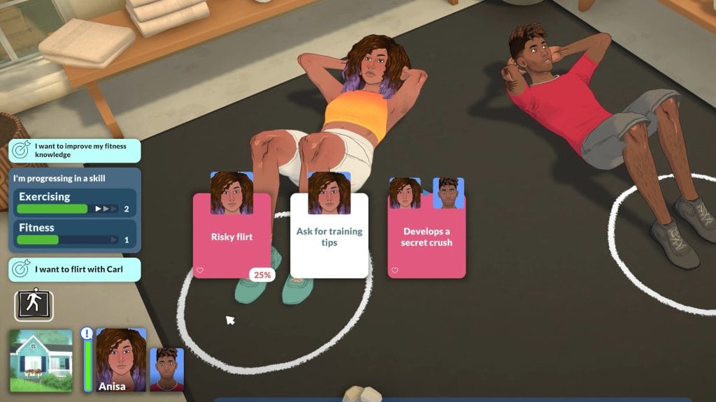 A screenshot of Paralives, featured in a Paralives Early Access Review/Preview, shows the card conversation mechanism of two characters talking. 